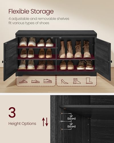 Image of VASAGLE Shoe Storage Bench with Cushion, 3-Tier Entryway Bench with Padded Seat, Doors, Adjustable Shelves, 14 x 39.8 x 20.7 Inches, for Hallway, Bedroom, Charcoal Gray and Ink Black ULSB044B01