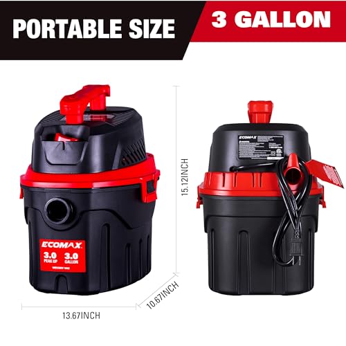ECOMAX Small Shop Vacuum Wet/Dry 3 Gallon, 3 Peak HP, Portable Wet Dry Vac, 3-in-1 Shop Vacuum with Blower Function, with Air Flow 80CFM, for Home, Car Detailing, Workshop, Jobsite, EM18910P-3 - Thumbnail 3