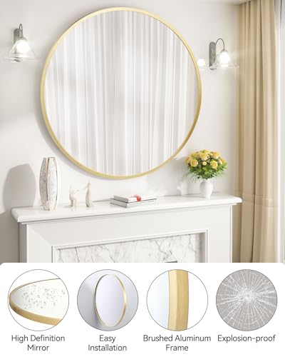 Gold Circle Mirror for Bathroom, 24 inch Circle Mirror, HD Eco-Friendly Round Bathroom Mirror for Over Sink, Matte Gold Metal Framed Wall Mirror for Wall, Vanity, Living Room, Easy to Install