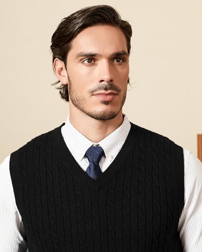 Kallspin Men’s Cable Knit Sweater Vest Pure Cotton V-Neck Sleeveless Knitted Pullover for Fall Winter4