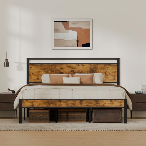 Image of King Metal Bed Frame with Wooden Headboard and Footboard, Heavy Duty Platform Frame with Metal Slats, No Box Spring Needed, Quiet and Non-Slip Design, Space Saving Bed Frame for Bedroom, Vintage Brown
