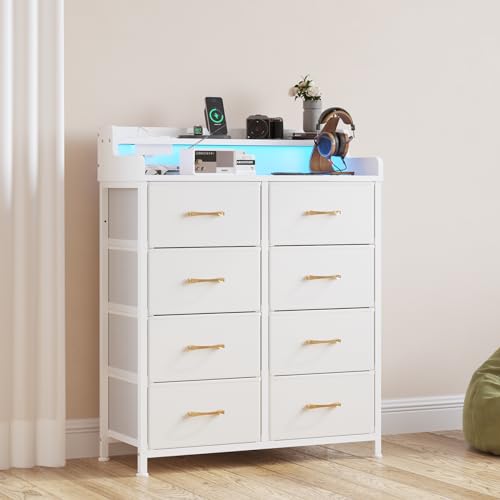 LUMTOK-8-Drawers-Dresser-with-Power-Outlets-Built-in-Power-Strips-LED-Strips-Fabric-Dressers-Drawers-for-Bedroom-Hallway-Nursery-Steel-Frame-Wood-Top-Easy-Pull-Handle-White LUMTOK 8 Drawers Dresser with Power Outlets Built in Power Strips LED Strips Fabric Dressers Drawers for Bedroom Hallway Nursery Steel Frame Wood Top Easy Pull Handle White