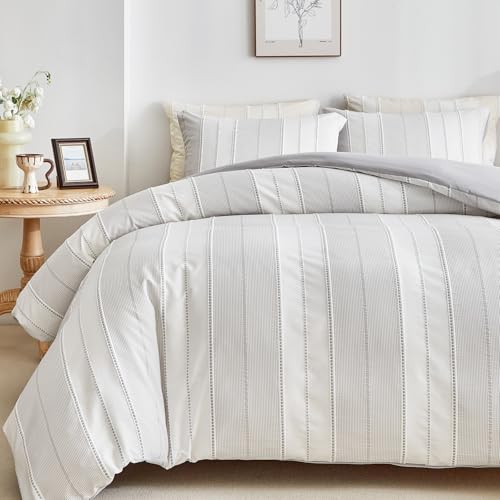 WARMDERN Light Grey Striped Weave Duvet Cover King Size, White