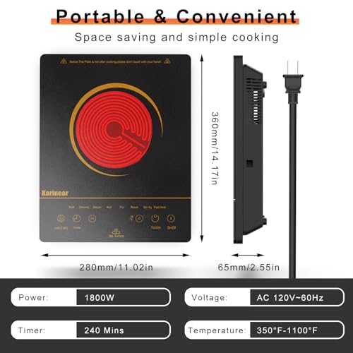 Image of Karinear Portable Electric Cooktop, 1800W 110V Electric Stove Single Burner | Ceramic Cooktop, Sensor Touch Control,Safety Lock, Timer, Overheat Protection, Infrared Burner,Gold