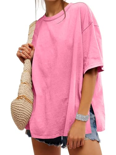 Image of UNCLECAT Womens Oversized T Shirts Summer Trendy Short Sleeve Crew Neck Tops Loose Fit Side Slit Tees Pink
