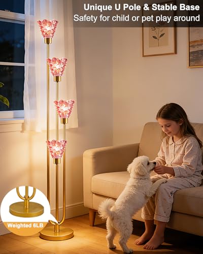 Image of 4-Light Modern Glass Floor Lamp, Gold Tall Standing Lamp with Deep Red Flower Glass Shade, Dimmable LED Floor Lamp with Line Control &5Lbs Heavy Base for Living Room Bedroom, Bulb Included