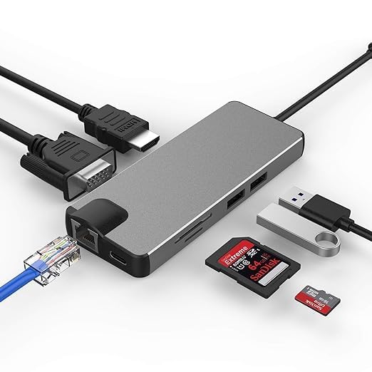 Image of USB HUB 8 in 1 USB C Adapter Docking Hub,Type C Thunderbolt3 to 4K UHD HDMI Converter & 2 USB 3.0,SD /TF Card Reader,60W Power Delivery,1000Mb Ethernet Port,VGA (USB C to 8 in 1 with RJ45 HUB)