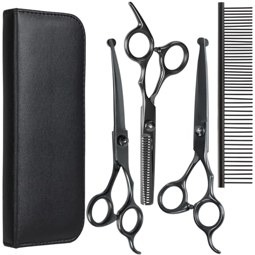 EVERESTA Hundefriseurschere mit abgerundeten Sicherheitsspitzen, schwere Titan-Haustierpflege-Schere, professionelle Dünnschere, gerade Schere mit Kamm für Hunde und Katzen (schwarz)