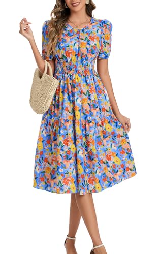 Image of Kormei Women Summer Casual Boho Floral Round Neck Short Sleeve Smocked Waist Tiered Flowy Swing Midi Dress