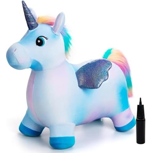 U&C Planet Hüpftier, Blauer Einhorn Hüpfpferd Animal Hopper mit Plüschdecke, 100kg Tragfähigkeit, Springpferd für Kinder 1-6 Jahre, Geschenk für Geburtstag & Weihnachten, Indoor & Outdoor