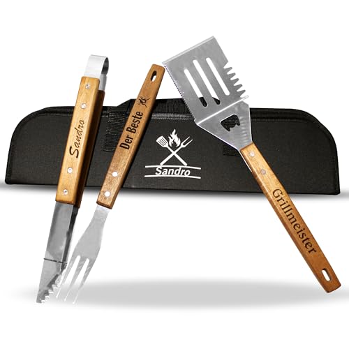 Personalisiertes Grillbesteck personalisiert Set mit Gravur aus Akazienholz Tasche Grillzange Holzgriff Grillwerkzeug Grillkoffer Set Grillbox Papa Grill; Geschenk für Männer Grillgeschenk