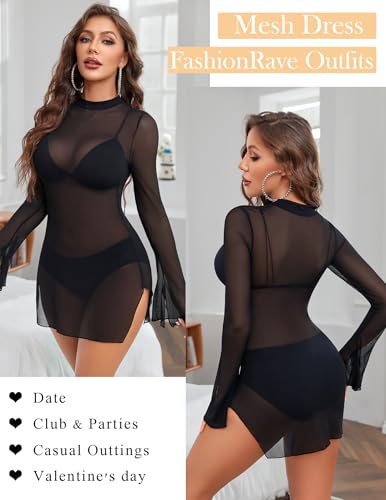 Image of Avidlove Mesh Mini Dresses for Women Bell Sleeves Bodycon Turtle Neck Split Lingerie Dress Vacation Party Outfits Clubwear