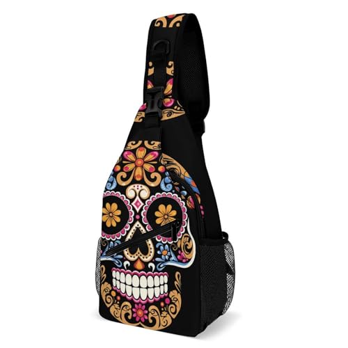 Bolso cruzado tipo sling con calavera dibujada, 38x20cm