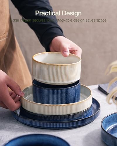 Image of Famiware Star 12-Piece Stoneware Dinnerware Sets for 4, Modern Rustic Dishes for Everyday & Formal Use, Reactive Glaze Plates and Bowls, Chip /Scratch Resistant, Microwave /Dishwasher Safe, White & Blue