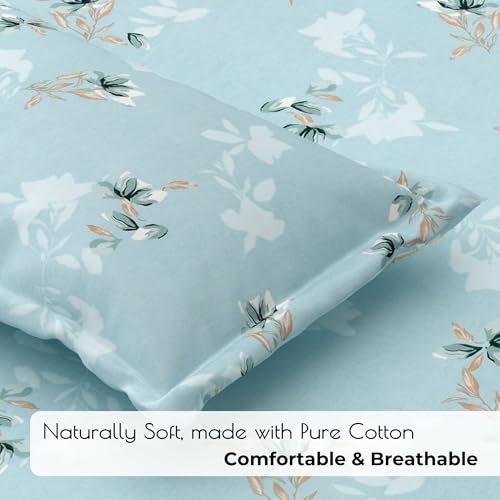 Image of King Size Elastic Fitted Bedsheet, 100% Pure Cotton King Size Fitted Bedsheet for Double Bed with 2 Pillow Covers, 240 TC, 72x78 Inches up to 8-inch Mattress, Floral (Serene Blue)