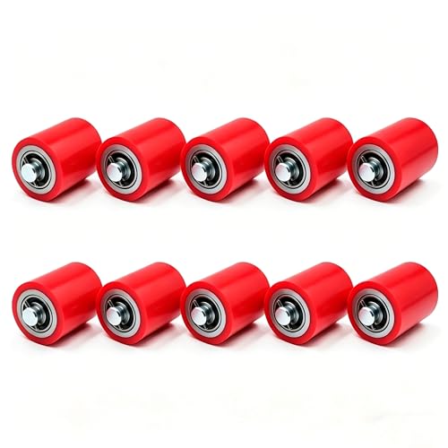 Image of Heavy Duty Pallet Jack Load Wheels Kit, Red 3x3.75 In, 10 Pcs | Polyurethane PU Tread, Pre-Installed Bearings with 20mm ID, Includes Axles and Pins, Truck Jack Repair Parts