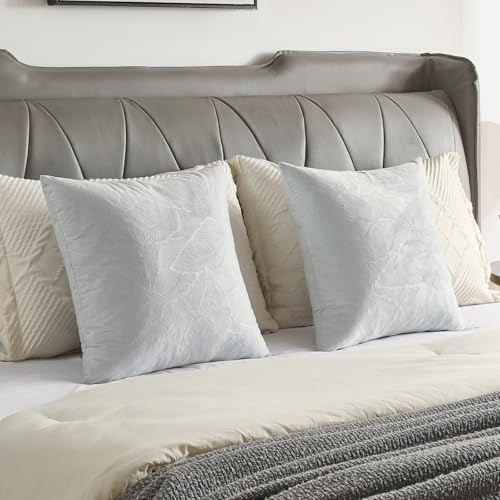 Image of FUTEI Pack of 2 Velvet Throw Pillow Covers 22x22 Inch Soft Embossed Leaf-Relief Textured Decorative Cushion Cases Modern Natural Farmhouse Accent for Couch Bed Living Room, Light Blue