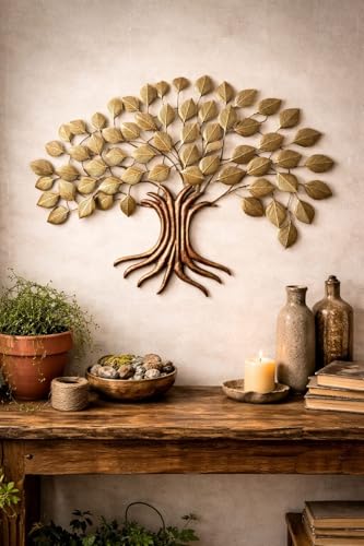 Image of Bharat Art Metal Big Tree Wall Art | Handcrafted Iron Peepal Tree Wall Hanging for Living Room, Bedroom, Hall, Office & Entrance Decor (Peepal Golden, 58 x 4 x 41 Inch) W038 B