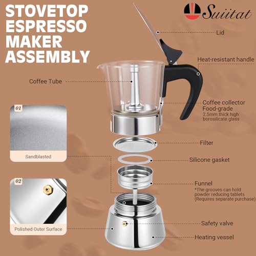 Image of 6 Cup 300ml Glass Moka Pot, Stovetop Espresso Maker, Silver | Crystal Glass-top & Stainless Steel Coffee Maker, Induction Compatible, for Greca de Cafe, Cuban and Italian Coffee Brewing