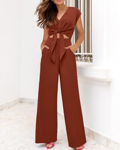 Image of PRETTYGARDEN Women's Summer 2 Piece Outfits 2026 Cap Sleeve V Neck Belted Crop Tops Wide Leg Pant Sets Casual Tracksuit