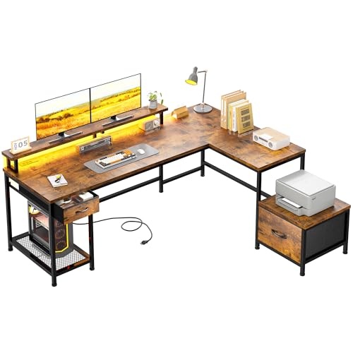 Image of DurayLoly 63 inch L Shaped Desk with 2 Drawers and Printer Stand,Bedroom,Brown | Large Computer Desk with Led Lights & Power Outlets,Monitor Stand and Storage Shelves,Corner Desk,Gaming, Work, Home Office