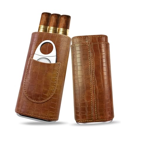 Étui à Cigare en Cuir,Boîte à Cigares avec Coupe-Cigare en Acier Inoxydable,Cave à Cigares Portable pour 3 Cigares,Boîte à cigare avec Doublure en Bois de Cèdre,Accessoire Cigare pour Hommes (Brun 02)