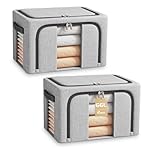 BOUDOI Clothes Storage Boxs With Lid，Large Storage Box With Double opening Zips Clear Windows，Foldable Oxford Cloth Steel Frame, Waterproof Wardrobe Storage Organiser for Bedding, Blankets,Duvet 66L
