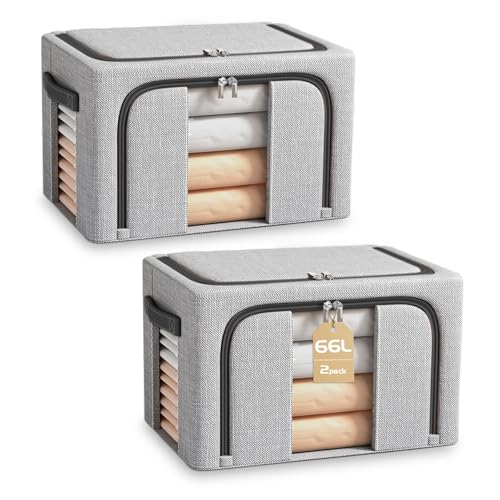 BOUDOI Clothes Storage Boxs With Lid，Large Storage Box With Double opening Zips Clear Windows，Foldable Oxford Cloth Steel Frame, Waterproof Wardrobe Storage Organiser for Bedding, Blankets,Duvet 66L