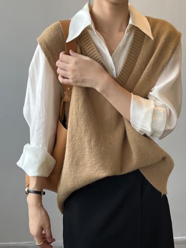 Damen V-Ausschnitt Stricken Weste Pullunder Ärmellos Strick Casual Pullunder Strickweste Geometrie Einfarbig Casual Strick Tank Top Business Sweater Freizeit Ärmelloser Pullunder Damen Herbst Winter