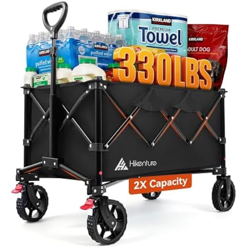 Hikenture Wagons Carts Foldable 330LBS, Heavy Duty Collapsible Wagon | Utility Wagon for Grocery, Garden, Camping & Sports Gear; One-Hand Fold; 360-Degree Wheels; Built-In Wheel Brake
