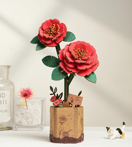 ROBOTIME 3D Holz Blumen Puzzle Rote Kamelie, Modellbausätze für Erwachsene zum Zusammenbauen, künstliche Ewige Blüten, DIY Bastelset… – Ansicht 1