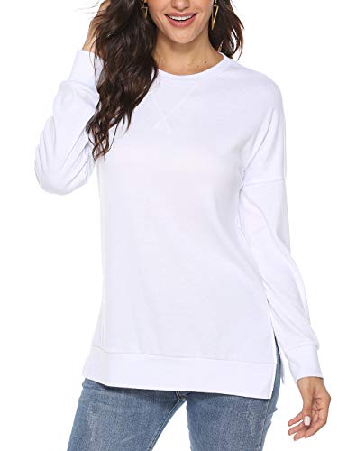 Women's Fall Casual Solid Side Split Long Sleeve Sweatshirt Blouses Tunic Tops (S, White)