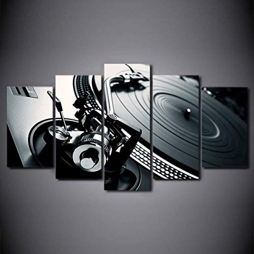 Fxwj Prints On Canvas Black and White DJ Club Mixer Turntable 5 Panells Modern Artworks Paintings Wall Art HD Print Picture Gift for Room Living Decor,B,100x50cm