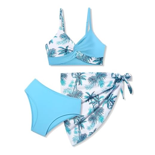 Conjunto de biquíni para meninas, 3 peças, floral tropical, cruz, conjunto de biquíni com saia de saída 7-16 anos, Palmeira azul lago, 11-12