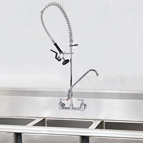 Yoogyy Commercial Pre-Rinse Kitchen Restaurant Sink Faucet Spray 8"(203Mm) Center Wall Mounted Type Heavy Duty Construction 20"(510Mm) Riser Brass Pipe Flexible Stainless Steel Hose Color Chrome #TOP2