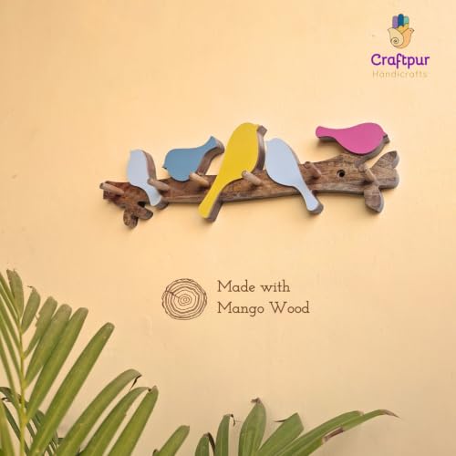 Image of Stylish Wooden Key Holder for Wall | Cute Key Holder for Home Decor | Key Holder Stand with 5 Hooks | Wall Mounted Key Hanger (5 Birds H)