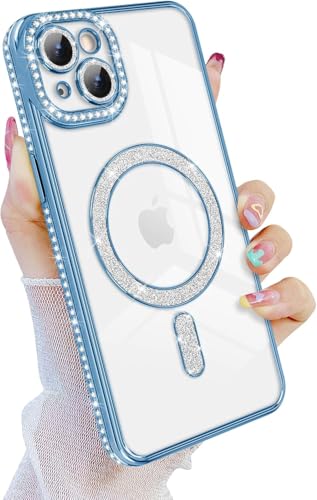 Image of Cute Compatible with iPhone 13 Diamond Glitter Case,Luxury Bling Rhinestone Soft Clear TPU Bumper Case,Compatible with MagSfe and Camera Lens Protection Cover for Women Girls (Blue)