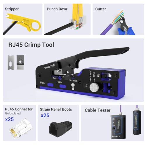 Image of VCELINK RJ45 Crimp Tool Kit for CAT7, Upgraded Network Tool Set with Ethernet Crimper, Cable Tester, 25 RJ45 End & Boots, Cable Tester, Cutter, Stripper and Keystone Puncher in a Cloth Bag, Blue