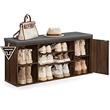 SONGMICS HOME Storage Bench, Superfast Toolless Assembly, 41' Wide Entryway Shoe Bench with Cushion & Adjustable Shelves, Shoe Rack Cabinet, Natural Walnut and Slate Gray ULHS391KE04S