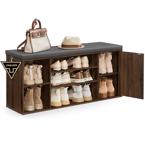 SONGMICS HOME Storage Bench, Superfast Toolless Assembly, 41" Wide Entryway Shoe Bench with Cushion & Adjustable Shelves, Shoe Rack Cabinet, Natural W