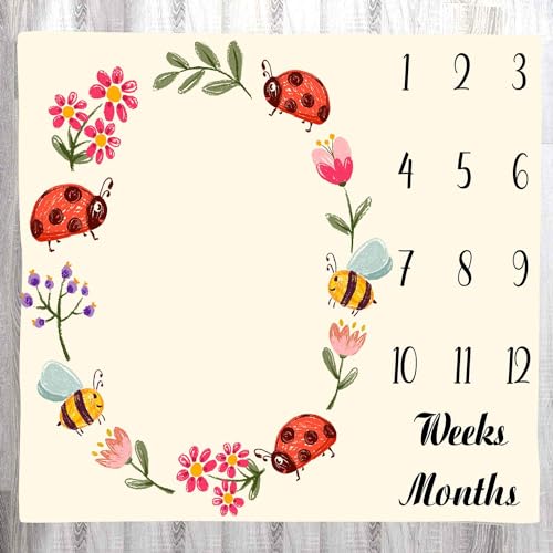 Image of Cartoon Insect Baby Age Blanket, Red Seven Star Ladybug Bee Floral Insect Newborn Photo Baby Monthly Milestone Blanket Growth Chart Baby Memory Blanket, 48x40 Inches BTLSLY895
