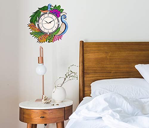 Image of Wooden Peacock Design Wall Clock Round Quartz Analog Decorative Antique Wall Clock for Home & Office Decor