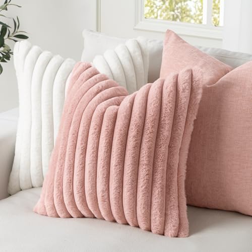 Image of MIULEE Faux Fur Decorative Throw Pillow Covers 24x24 Set of 2 Blush Pink | Modern Spring Home Decor Cute Soft Plush Couch Pillows Cozy Fluffy Cushion Covers for Sofa Bed Living Room