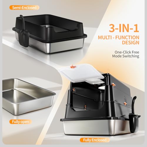 Image of Stainless Steel Cat Litter Box with Lid, Enclosed Extra Large Metal Litter Pan for Big Cats, Full Flip Cover High Sided LitterBox Include Scoop, Easy Cleaning, Non-Stick, Black