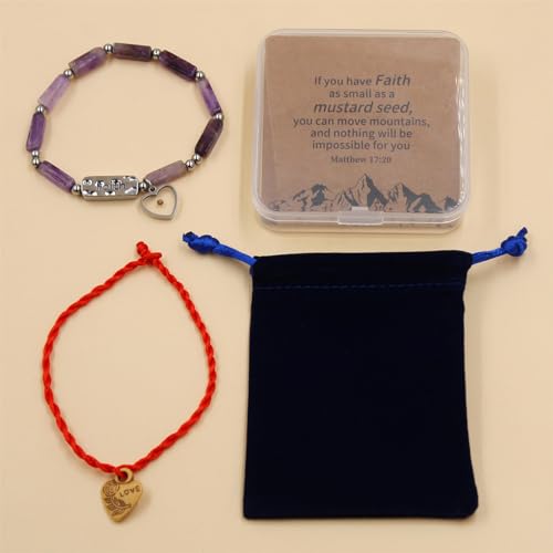 Image of Elastic Faith Bracelet for Women, Adjustable 7 inch Natural Stone Bracelet with Heart Mustard Seed Charm, Spiritual Christian Jewelry for Baptism, Graduation, Religious Celebration YA4856