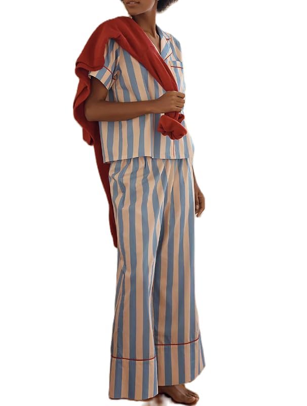 Argeousgor Women Striped 2 Piece Pajama Set Short Sleeve Button Down Blouse Satin Wide Leg Lounge Pants Sets Sleepwear