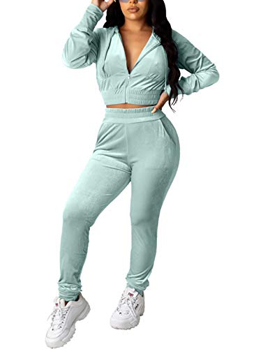 Annystore Velvet Tracksuit for Women 2 Piece Outfit Fall Zip Up Hoodie Jacket Jogging Pants Sweatsuit Clubwear with Pockets Light Green XL