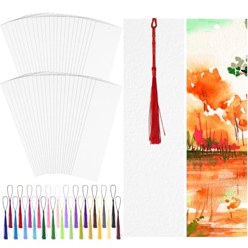 LOTMER 200 Pcs Watercolor Paper Blank Bookmarks with Colorful Tassels Book Marks Tassels DIY Kit Cotton Watercolor Paper Bookmarks with Hole for DIY and Gifts Tags 7.87x1.97 inch
