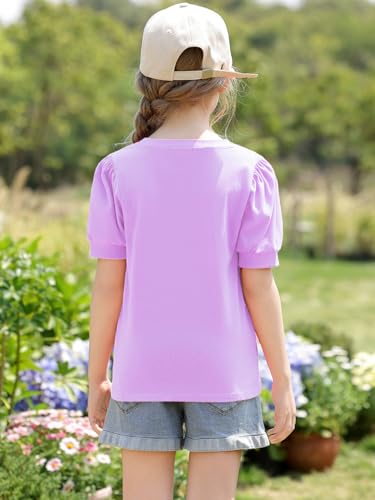 Image of Girls' Puff Sleeve Cotton T-Shirt Cute Summer Tops Short Sleeve Crewneck Tshirts Tees Little Kids Girls Size 5t 6t 5 6 6X 6-7 t Years Light Purple Lavender 5-6