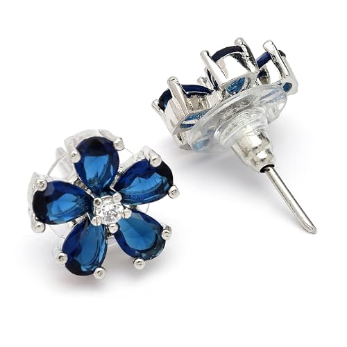 Image of ZENEME Rhodium Plated Silver Toned American Diamond Studded Floral Shaped Pendant Chain With Earrings Jewellery Set For Women And Girls